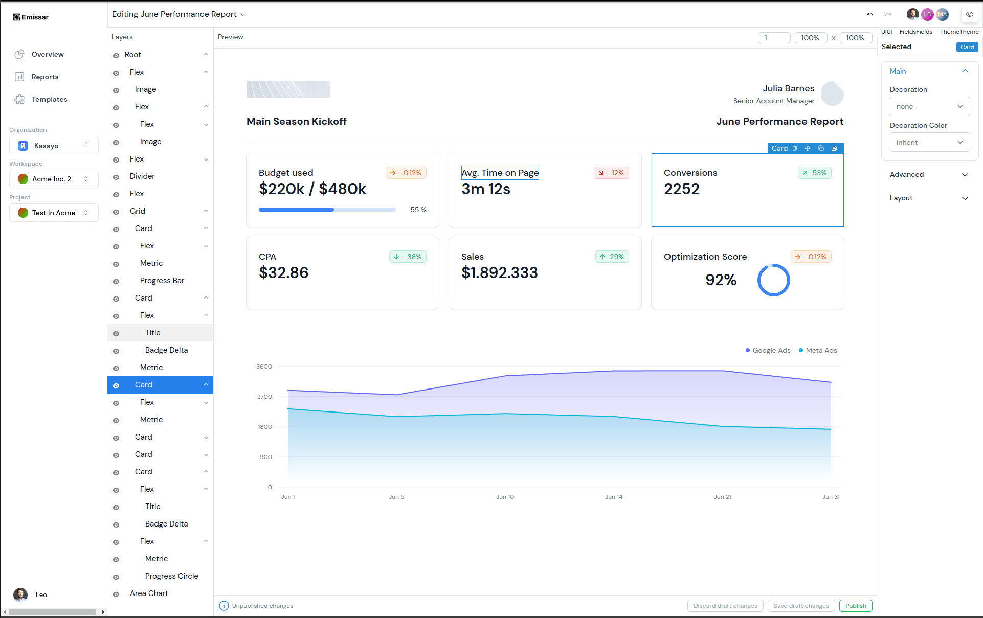 An Emissar report open in the Emissar report builder