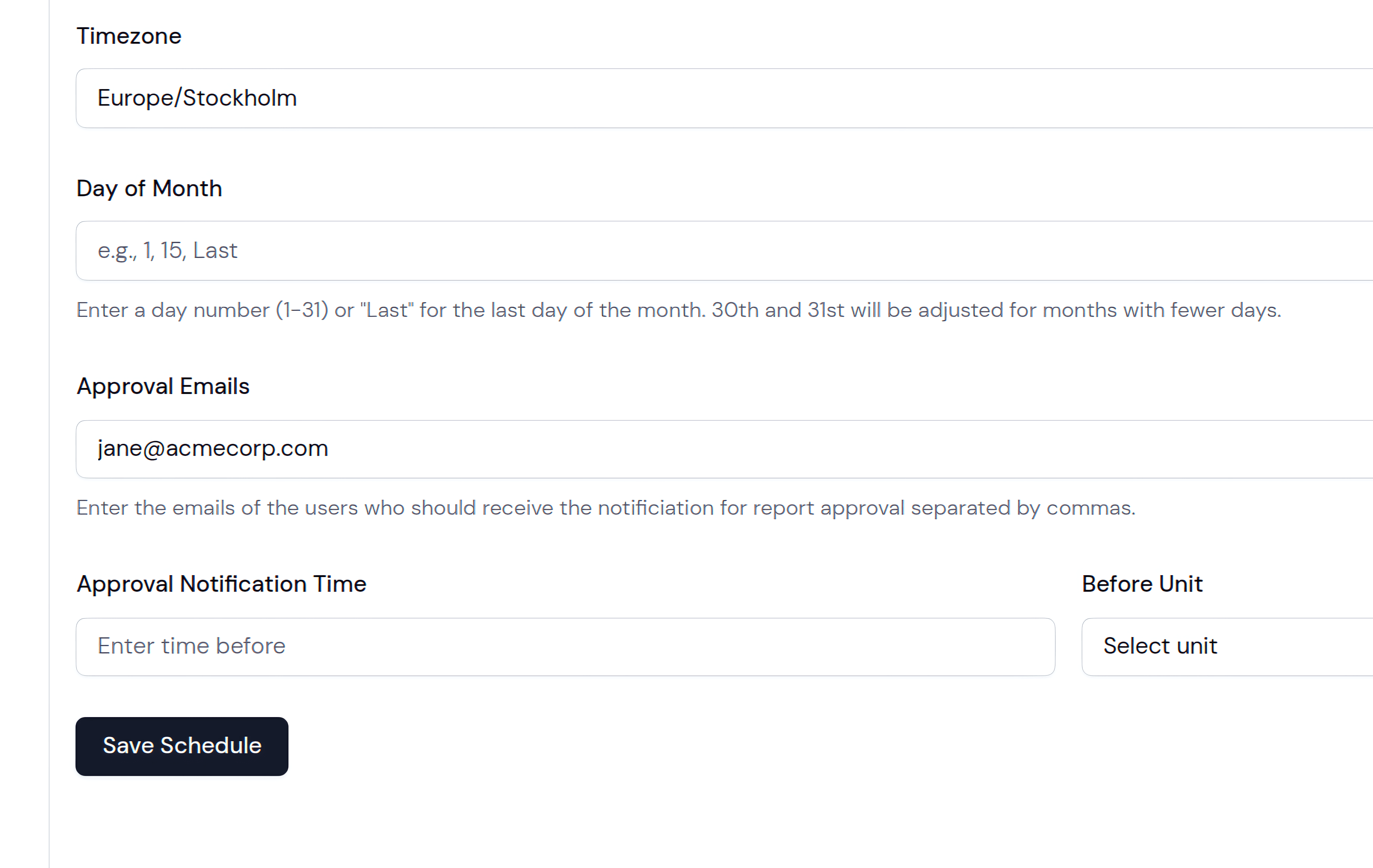 A report schedule with a run awaiting approval in Emissar